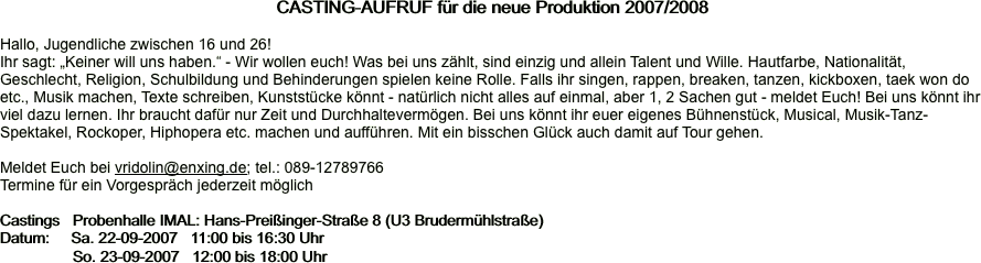 CASTING-AUFRUF für die neue Produktion