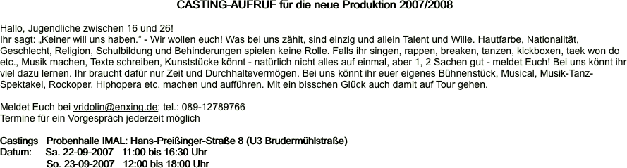 CASTING-AUFRUF fr die neue Produktion